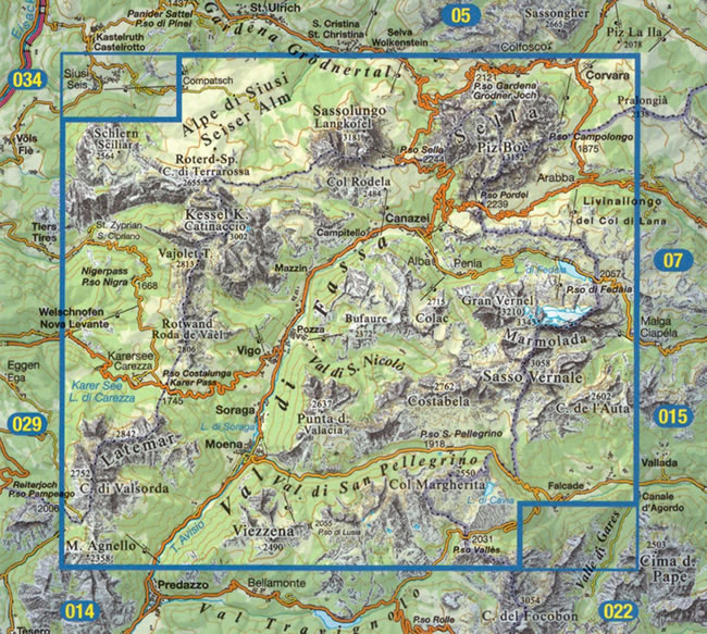 immagine di mappa topografica mappa topografica n.006 - Val di Fassa e Dolomiti Fassane - con Alpe di Siusi, Selva, Sella, Corvara, Passo Campolongo, Arabba, Sassolungo, Catinaccio, Campitello, Canazei, Passo Pordoi, Alba, Lago Fedaia, Marmolada, Vigo, Pozza, Pera, Soraga, Moena, Forno, Latemar, Lago di Carezza, Passo Nigra, Col Margherita, Passo S. Pellegrino, Lusia, Passo Valles, Falcade, Sciliar, Col Rodela, Carezza, Viezzena, Sasso Vernale, Passo di Fedaia, Piz Boè, Arabba - impermeabile, antistrappo, plastic-free, eco-friendly - edizione 2022