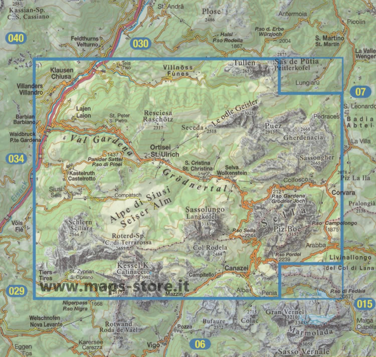 immagine di mappa topografica mappa topografica n.005 - Val Gardena / Gröden, Alpe di Siusi / Seiseralm, Ortisei / St. Ulrich, S. Cristina, Sciliar, Sella, Canazei, Puez, Val di Funes, Seceda, Laion, Tullen, Gherdenacia, Sassongher, Colfosco, Piz Boè, Arabba, Passo Pordoi, Campitello, Sassolungo, Catinaccio - con reticolo UTM compatibile con GPS - impermeabile, antistrappo, plastic-free, eco-friendly - EDIZIONE 2024