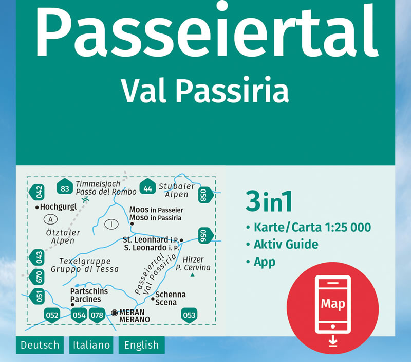 immagine di mappa topografica mappa topografica Val Passiria / Passeiertal - con Gruppo di Tessa, Alpi Venoste / Ötztaler Alpen, S. Leonardo, Moso in Passiria, Passo del Rombo, Parcines, Merano, Scena - mappa escursionistica Kompass n.044 - plastificata - compatibile con GPS - EDIZIONE 2024