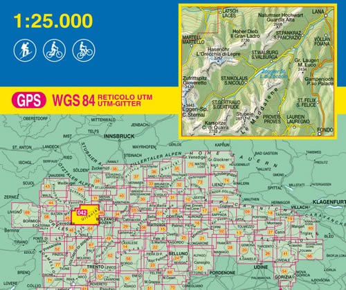 immagine di mappa topografica mappa topografica n.042 - Val d'Ultimo / Ultental, Alta Val di Non - Lago di Zoccolo, Il Gran Ladro, Guardia Alta, Laces, Lana, S. Pancrazio, Foiana, M. Luco, Passo Palade, S. Felice, Lauregno, Proves, Fondo, Le Maddalene, S. Gertrude, C. di Quaira, C. Sternai, Gioveretto, L'Orecchia di Lepre, Martello, S. Nicolo - con reticolo UTM compatibile con sistemi GPS - edizione 2020