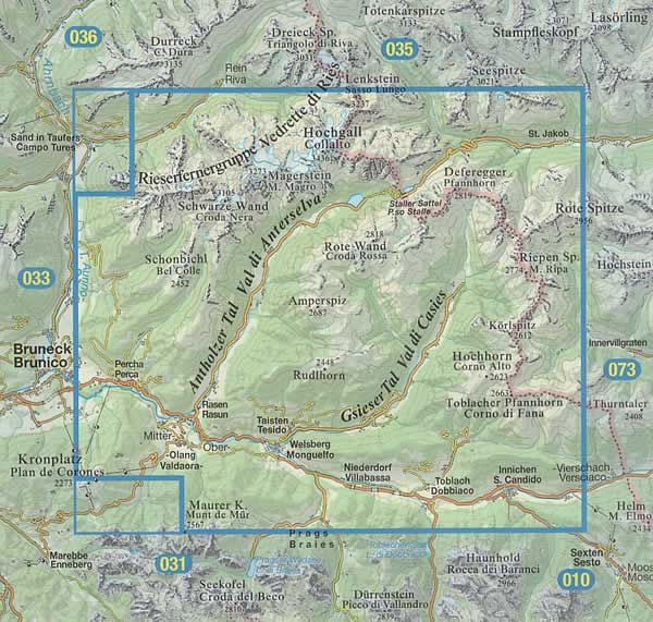 immagine di mappa topografica mappa topografica n.032 - Valle di Anterselva, Valle di Casies / Antholzer Tal, Gsieser Tal - Vedrette di Ries, Anterselva, S. Maddalena, Rasun, Tesido, Corno Alto, M. Ripa, Perca, Monguelfo, Valle di S. Silvestro - con reticolo UTM compatibile con GPS - impermeabile, antistrappo, plastic-free, eco-friendly - EDIZIONE 2024