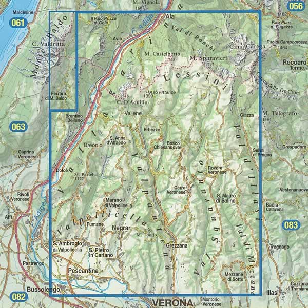 immagine di mappa topografica mappa topografica n.059 - Valli della Lessinia Veronese, Monti Lessini - S. Giorgio, M. Obante, Recoaro Terme, Catena Tre Croci, Giazza, Bauci, Campofontana, P.so Fittanze, Corno d'Aquilio, Peri, Sant'Anna d'Alfaedo, Molina, Erbezzo, Bosco Chiesanuova, Velo Veronese, Selva di Progno, Rovere Veronese, Cerro, Badia Calavena, Vestenanova, Fumane, Valpolicella, Val Squaranto, Negrar, Pescantina - con reticolo UTM per GPS - impermeabile, antistrappo, plastic-free, eco-friendly - EDIZIONE 2025