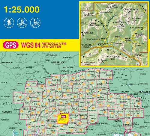 immagine di mappa topografica mappa topografica n.058 - Valsugana, Tesino, Lagorai, Cima d'Asta - Val di Calamento, Cima Sette Selle, Sasso Rotto, Palù, Torcegno, Roncegno Terme, Strigno, Grigno, Pieve Tesino, Bieno, Castello Tesino, M. Agaro, P.so Broccon, M. Tolvà, Cimon Rava, M. Ortigara, P.so Manghen - con reticolo UTM compatibile con sistemi GPS - edizione 2021