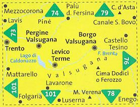 immagine di mappa topografica mappa topografica n.75 - Valsugana, Trento, Piné, Levico Terme, Lavarone, Pergine, Borgo Valsugana, Lago di Caldonazzo, Castello Tesino, Cima Dodici/Ferozzo, M. Verena, Luserna, Cima d'Asta, Mezzocorona, Lavis - compatibile con GPS + mappa panoramica - nuova edizione