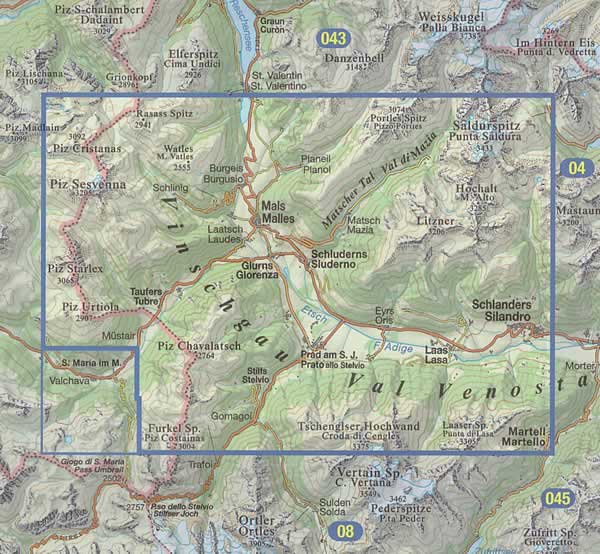 immagine di mappa topografica mappa topografica n.044 - Vinschgau, Mals, Sesvenna, Val Venosta, Malles, Silandro - con reticolo UTM compatibile con GPS - impermeabile, antistrappo, plastic-free, eco-friendly - nuova edizione