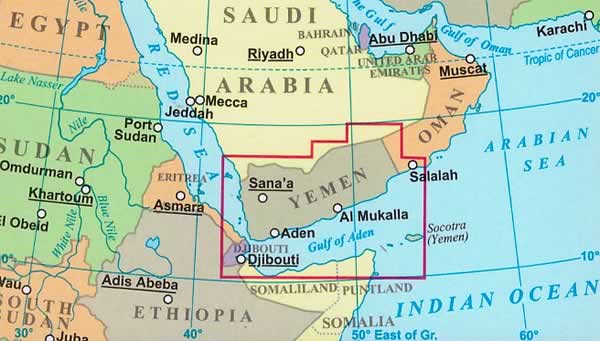 immagine di mappa stradale mappa stradale Yemen - mappa stradale - con il Golfo di Aden e dintorni di Sana'a, Taʿizz, al-Hudayda, Ibb, Dhamar, al-Mukalla, Seiyun, Zinjibar, Sayyan, al-Shihr, Sahar, Zabid, Hajja, Socotra, Yarim - EDIZIONE Luglio 2023