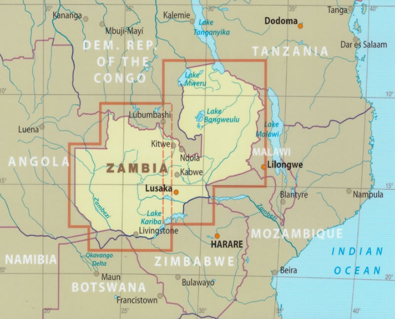 immagine di mappa stradale mappa stradale Zambia - con Kabwe, Ndola, Chipata, Mansa, Lusaka, Kasama, Solwezi, Livingstone, Mongu - mappa stradale, impermeabile e antistrappo - EDIZIONE 2024