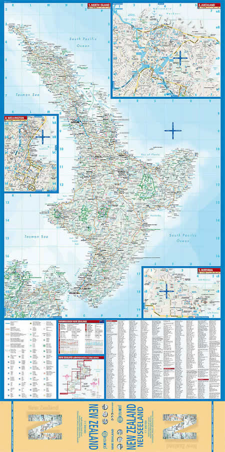 immagine di mappa stradale mappa stradale Nuova Zelanda / New Zealand - mappa plastificata - con Auckland, Wellington, Rotorua, Christchurch, Nelson, Queenstown, Dunedin