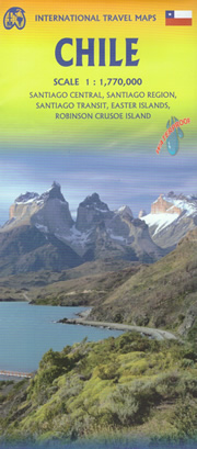 mappa Cile (Chile) con Santiago, Patagonia, Terra del Fuoco, Ushuaia, Isola di Pasqua e Robinson Crusoe stradale impermeabile antistrappo