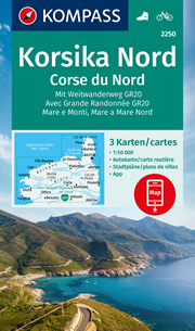 mappa Corsica del set di 3 mappe escursionistiche con sentieri e GR20 per il trekking MTB Kompass n.2250 compatibili GPS 2024