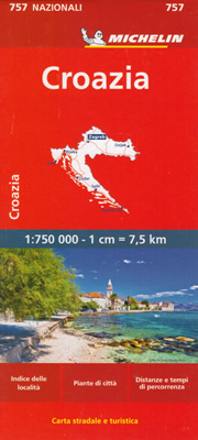 mappa Croazia con Zagabria, Rijeka, Pula, Zadar, Split, Dubrovnik, Osijek stradale Michelin n.757 strade, percorsi panoramici e spiagge 2024