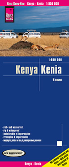 mappa Kenya / Kenia con Nyeri, Mombasa, Embu, Nairobi, Garissa, Kisumu, Nakuru, Kakamega stradale impermeabile e antistrappo parchi riserve naturali, spiagge luoghi panoramici