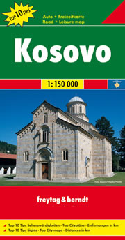mappa Kosovo con Prishtinë (Priština), Prizren (Prizren), Ferizaj (Uroševac), Gjakova (Đakovica), Podujevë (Podujevo), Gjilan (Gnjilane), Pejë (Peć), Mitrovicë (Kosovska Mitrovica), Malishevë (Mališevo) stradale luoghi panoramici, parchi e riserve naturali