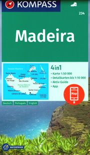 mappa Madeira con Funchal, Santa Cruz, Ribeira Brava, Calheta, Porto Moniz, Santana, Machico, Santo, Ilhas Desertas Kompass n.234 spiagge, percorsi per il trekking, luoghi panoramici e parchi naturali compatibile GPS 2024