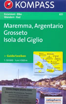 mappa topografica n.651 - Maremma, Argentario, Grosseto, Isola del Giglio, Isola di Giannutri, Monte Argentario, Porto Ercole, Orbetello, Magliano - con sentieri CAI, percorsi MTB, campeggi, luoghi panoramici, spiagge, parchi e riserve naturali - nuova edizione