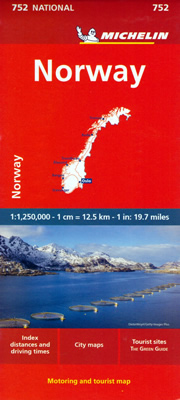 mappa Norvegia con Oslo, Bergen, Stavanger, Ålesund, Tromsø stradale Michelin n.752 2024