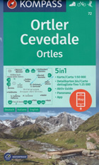 mappa Ortler/Ortles, Cevedale, Bormio, Passo Stelvio, Martello, Silandro, Ultimo, Rabbi, Peio, Dimaro, S. Caterina Valfurva, Valdisotto Kompass n.72 con informazioni turistiche, sentieri CAI, percorsi panoramici e parchi naturali plastificata, compatibile GPS + panoramica