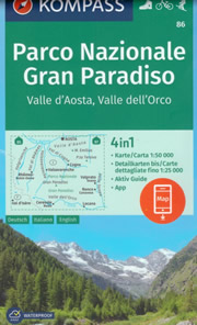 mappa topografica Parco Nazionale del Gran Paradiso, Valle d' Aosta, Valle dell'Orco, Val di Rhêmes, Valgrisenche, Valsavarenche, Val d'Isère, Ceresole Reale, Ronco Canavese, Locana, Valprato Soana, Punta Tersiva - mappa escursionistica Kompass n.86 - plastificata, compatibile con GPS - EDIZIONE 2024