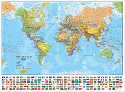 mappa Planisfero del mondo con bandiere e cartografia di alta qualità 70 x 50 cm