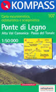 mappa topografica n.107 - Ponte di Legno, Alta Val Camonica, Passo del Tonale, Parco Nazionale dello Stelvio, Vezza, Gruppo della Presanella, Mezzana, Peio, Parco Naturale Adamello-Brenta - con sentieri CAI, percorsi MTB - nuova edizione