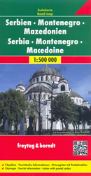 mappa Serbia, Montenegro, Macedonia, dell'Albania (con Tirana) stradale con luoghi panoramici, parchi e riserve naturali 2024