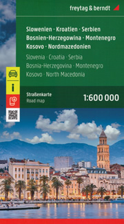 mappa stradale Slovenia, Croazia, Bosnia-Erzegovina, Montenegro, Kosovo, Macedonia del Nord - con Lubiana, Maribor, Kranj, Zagabria (Zagreb), Spalato (Split), Fiume (Rijeka), Osijek, Zara (Zadar), Slavonski Brod, Velika Gorica, Karlovac, Pola (Pula), Sarajevo, Mostar, Banja Luka - EDIZIONE 2024