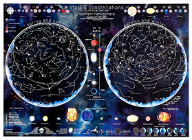 mappa Stelle e Costellazioni visibile al buio, con i due emisferi celesti australe boreale 85 x 60 cm