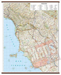 mappa Toscana murale con cartografia dettagliata ed aggiornata plastificata, eleganti aste in legno 92 x 114 cm 2024
