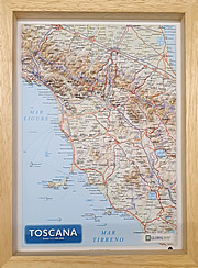 mappa Toscana in rilievo con cartografia fisica e politica, rete stradale, confini, città luoghi di interesse cornice legno 24,5 x 33,5 cm 2023