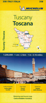 mappa Toscana stradale Michelin n.358 con strade panoramiche, mappe città, indice località ed autovelox 2024
