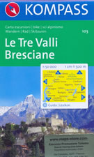 mappa topografica n.103 - Le Tre Valli Bresciane, Darfo-Boario Terme, Bovegno, Lago d'Idro, Breno, Bagolino, Anfo, Barghe, Vestone, Gardone Valtrompia, Marone, Azzone, Lovere - con sentieri CAI, percorsi MTB - nuova edizione